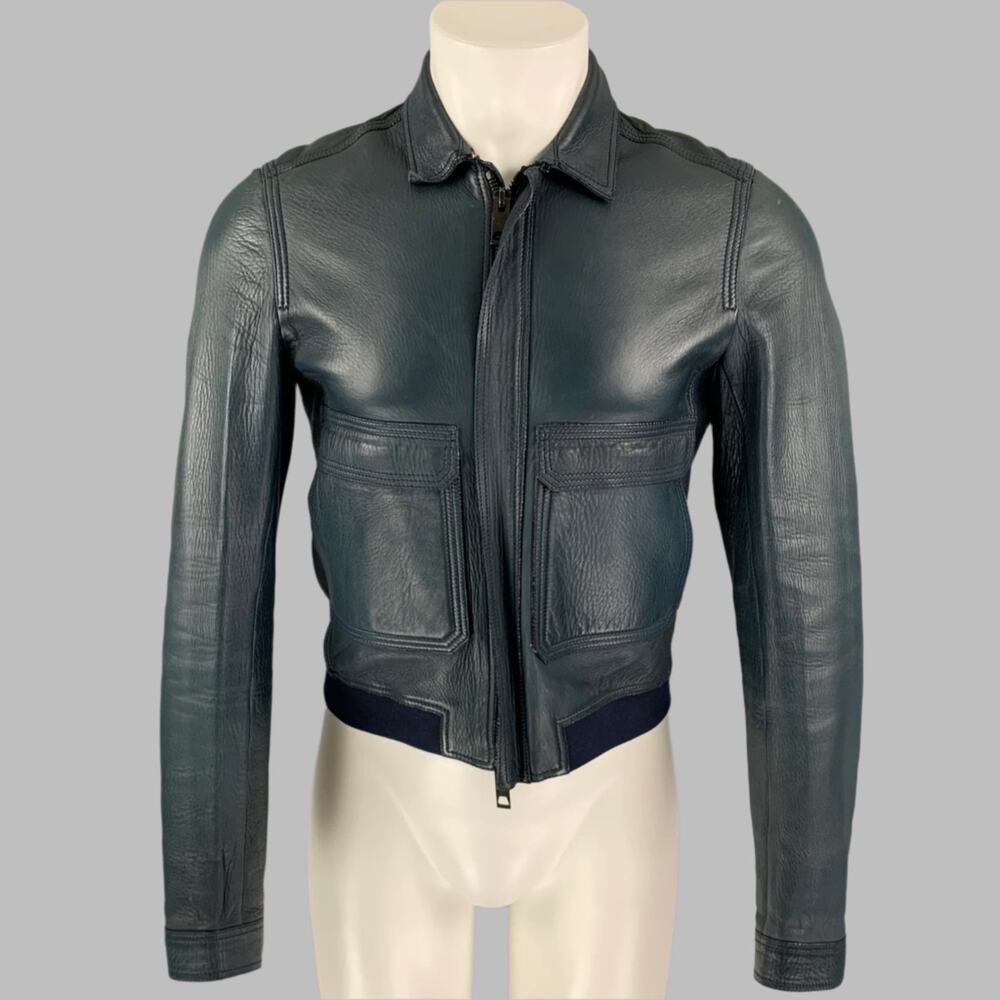 BURBERRY PRORSUM Size S Blue Navy Bonded Leather Blouson Jacket